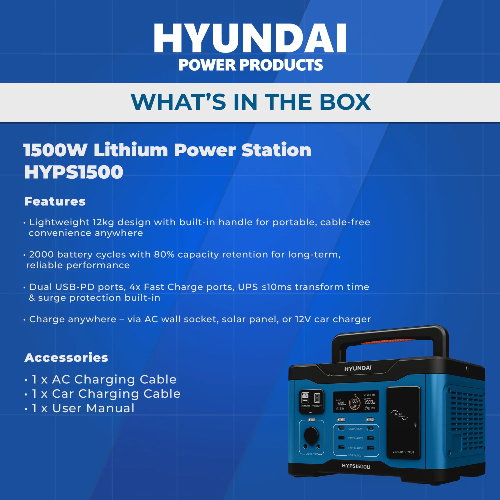 Hyundai HYPS1500 1500 Watt Portable Power Station